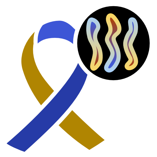A blue and yellow ribbon with a black circle overlapping with it at the top left of the image. Inside the circle are 3 squiggles representing chromosomes. Each squiggle has a blue to yellow gradient. The image has light line art.